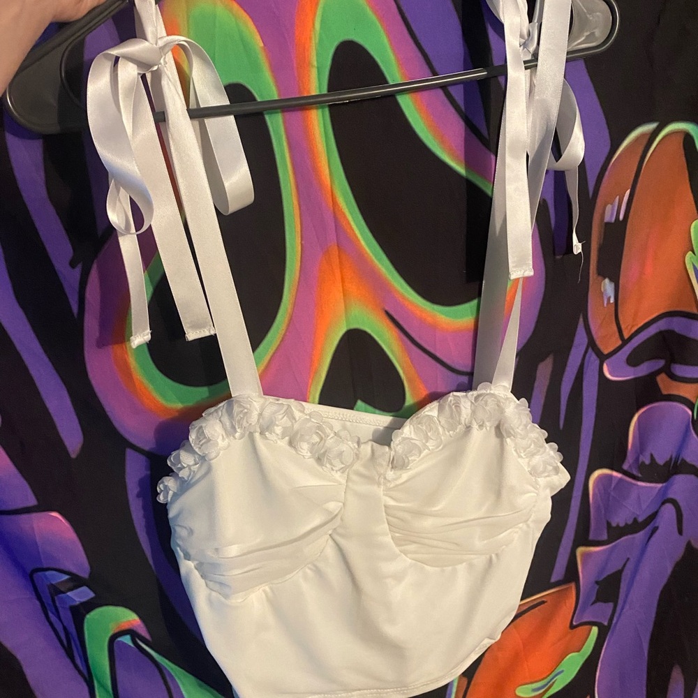 SHEIN White Satin Crop Top with Ribbon Straps